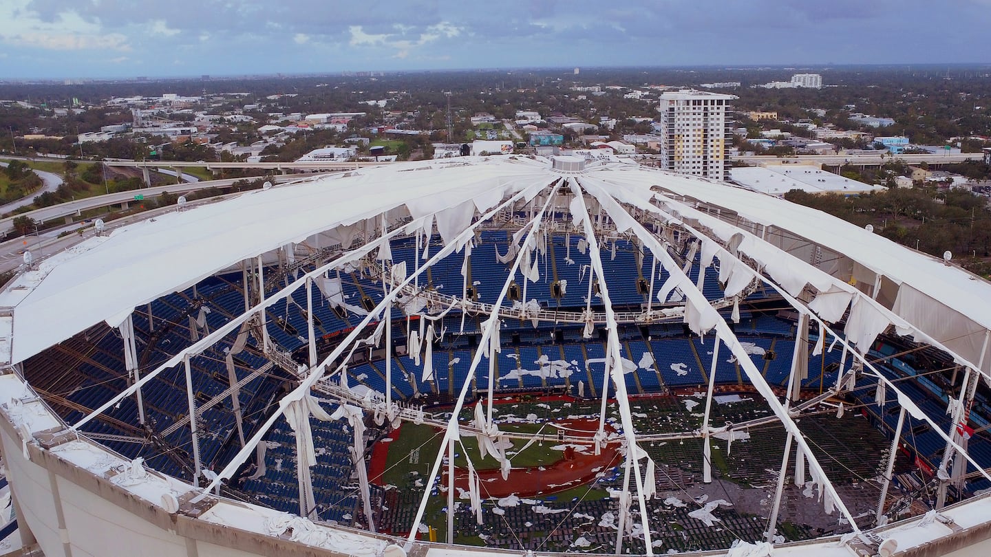 Hurricane Milton destroyed the fiberglass roof at Tropicana Field, leaving it open to the elements.