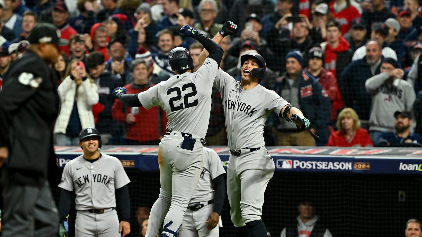 All five of New York's runs on Saturday night came from home runs. Giancarlo Stanton (right) tied the game with a two-run homer in the sixth, and Juan Soto (left) ultimately won it with a three-run shot in the 10th.