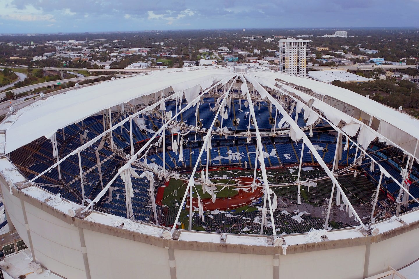 Hurricane Milton destroyed the fiberglass roof at Tropicana Field, leaving it open to the elements.