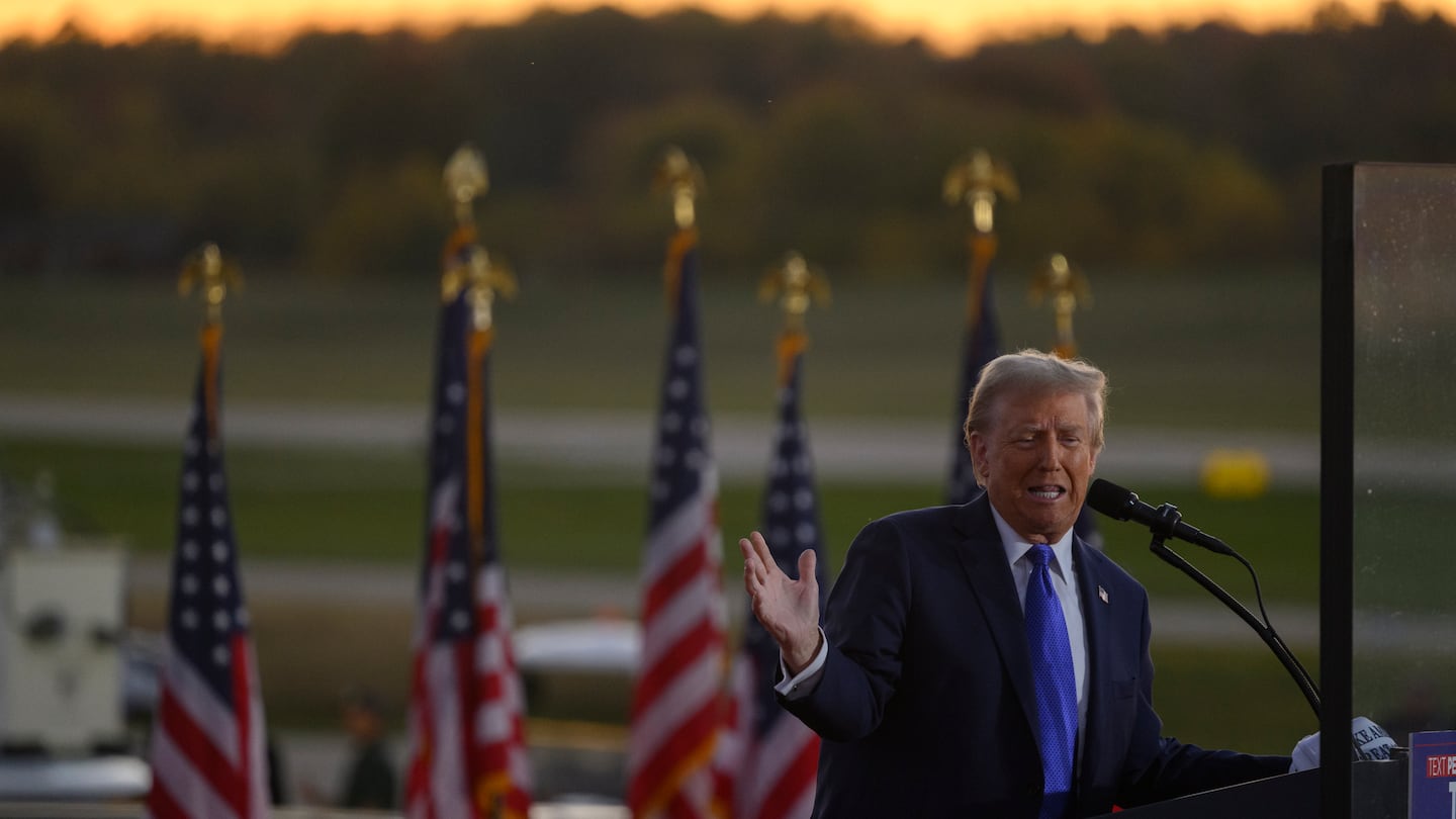 Former president Donald Trump speaks at a campaign rally at Arnold Palmer Regional Airport on Saturday in Latrobe, Pa.