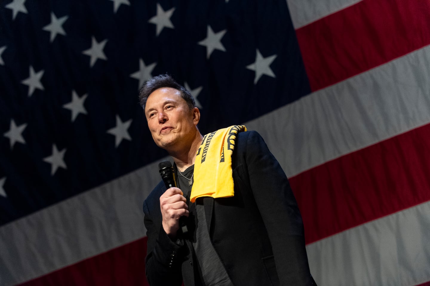 Elon Musk speaks at a town hall with Republican candidate US Senate Dave McCormick at the Roxain Theater on October 20, 2024 in Pittsburgh.