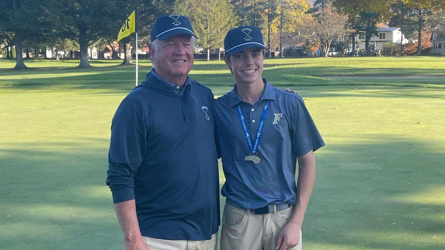 Zac Georgantas (right), pictured with coach Paul LaCerda, is the first individual state golf champion from Foxborough High since 2001.