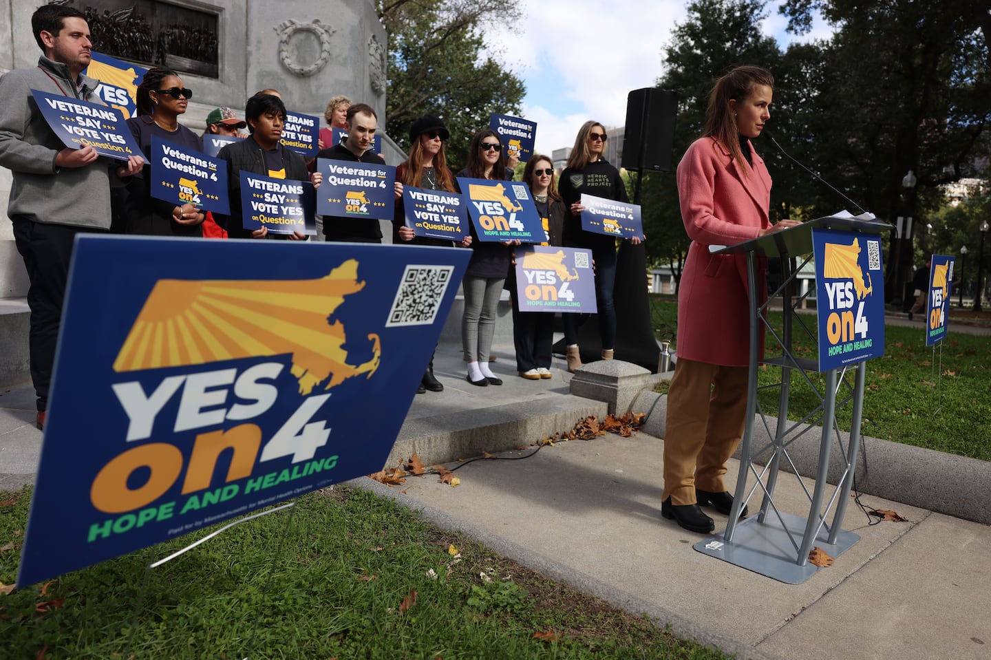 Emily Oneschuk, a Navy Veteran and grassroots organizer for the “Yes on 4" group, Massachusetts for Mental Health Options, spoke at a recent press conference at the Boston Common Soldiers and Sailors Monument.