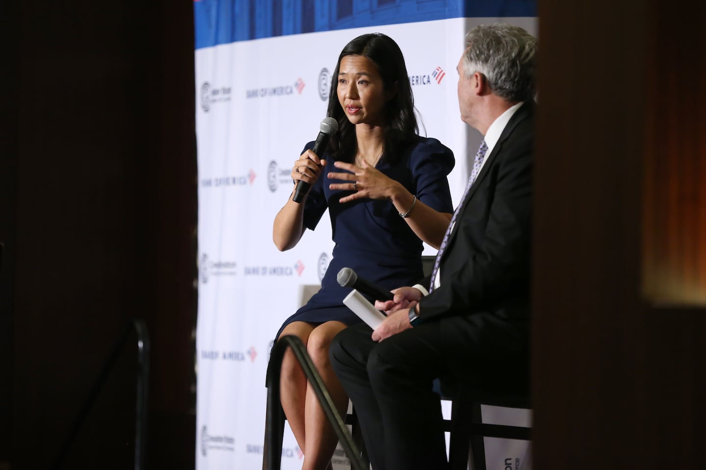 Boston Mayor Michelle Wu and Greater Boston Chamber of Commerce chief executive Jim Rooney at a Chamber event in 2022.