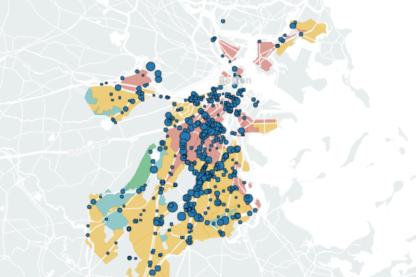 A map of Boston's most dangerous intersections by collision, overlaid with historic redlining districts.