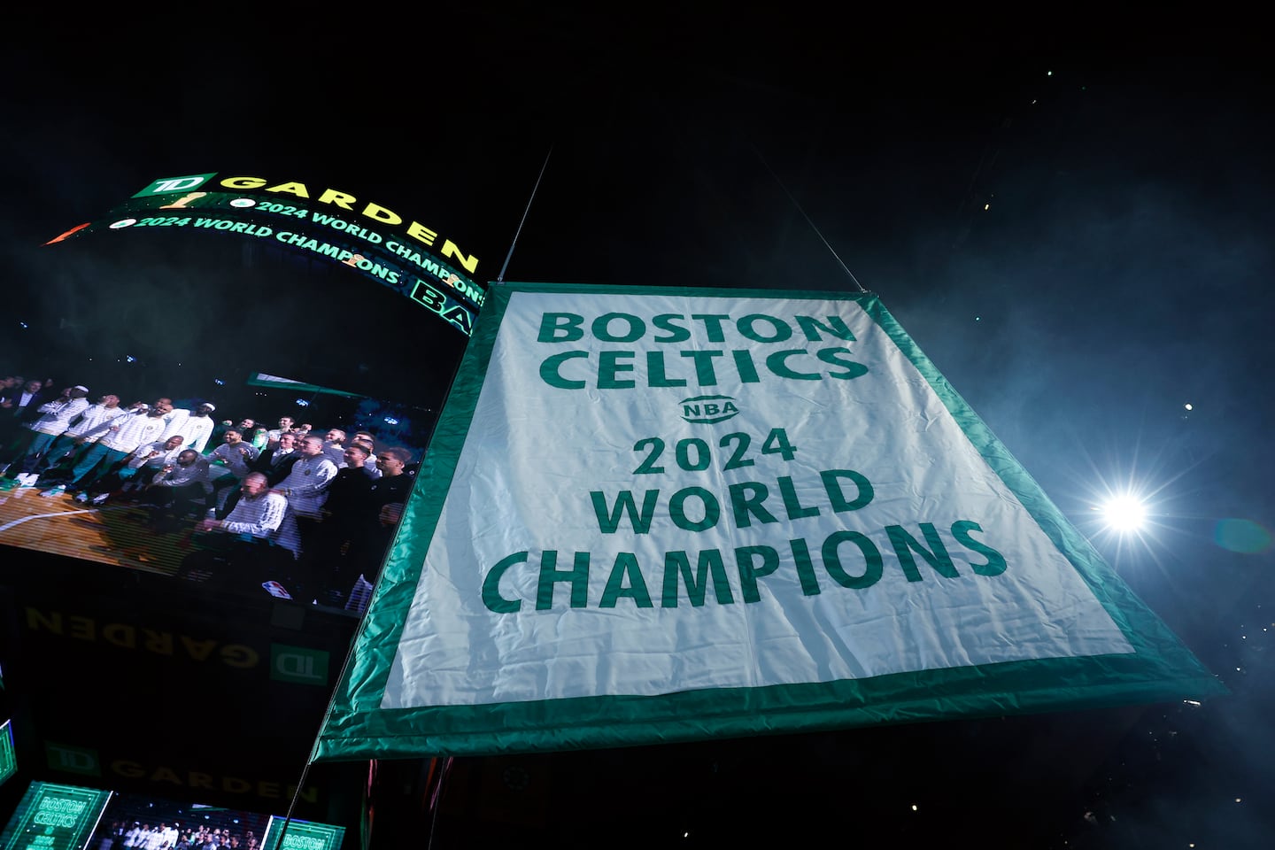 Banner 18 was raised to the rafters at TD Garden.