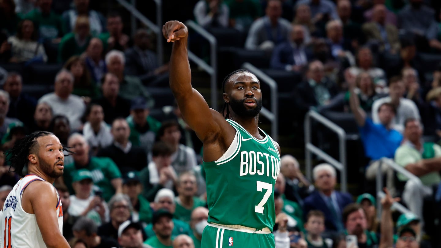 Jaylen Brown watches as he scores a 3-pointer during the third quarter at TD Garden.