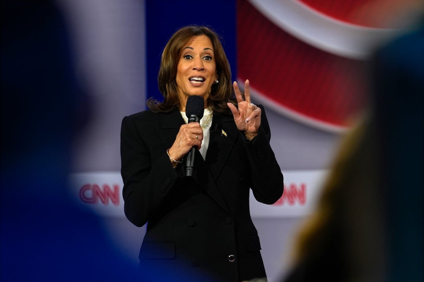 Vice President Kamala Harris speaks during a CNN town hall in Aston, Pa.