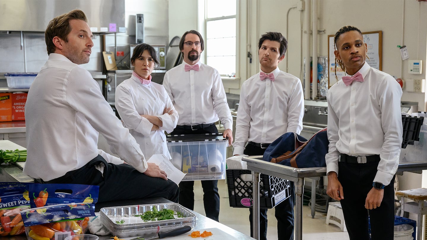 From left: Ryan Hansen, Zoë Chao, Martin Starr, Adam Scott, and Tyrel Jackson Williams in season 3 of “Party Down.”