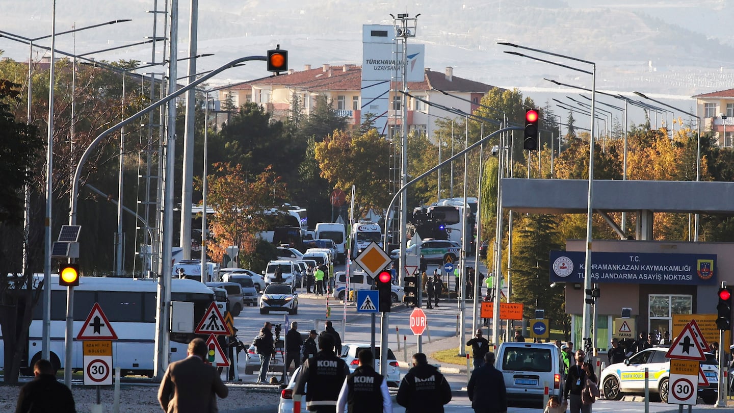 Emergency and security teams are deployed outside of Turkish Aerospace Industries Inc. at the outskirts of Ankara, Turkey, on Oct. 23.