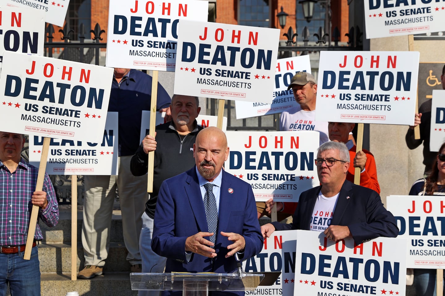 John Deaton, the Republican Massachusetts Senate candidate, holds a press conference at the Massachusetts State House.