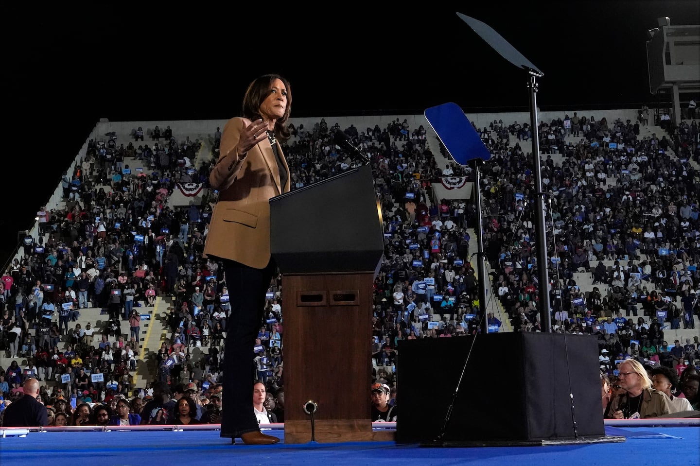 Vice President Kamala Harris speaks at a campaign rally at James R. Hallford Stadium, Oct. 24, in Clarkston, Ga.