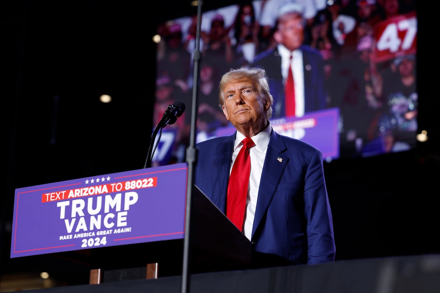 Republican presidential nominee former president Donald Trump spoke during a rally at Mullett Arena on Thursday in Tempe, Arizona.