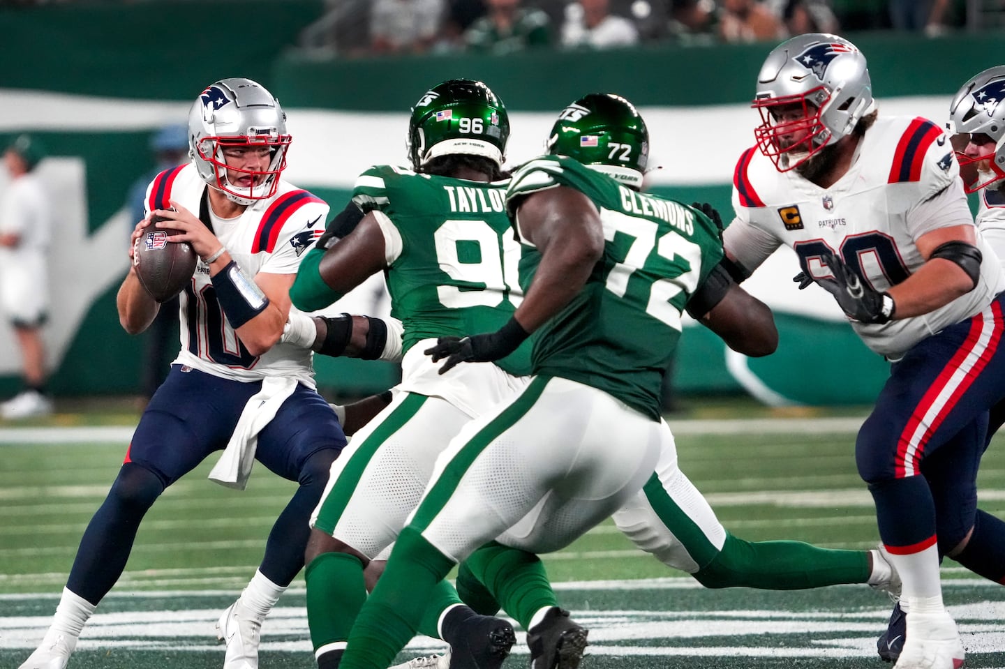 In his NFL debut, Patriots rookie quarterback Drake Maye was sacked twice by the Jets in Week 3.