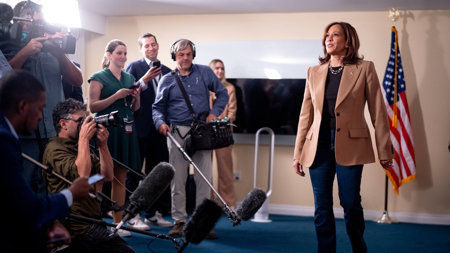 Democratic presidential candidate, US Vice President Kamala Harris arrives to speak to members of the media at The Warwick Hotel on October 24, 2024 in Philadelphia, Pennsylvania.