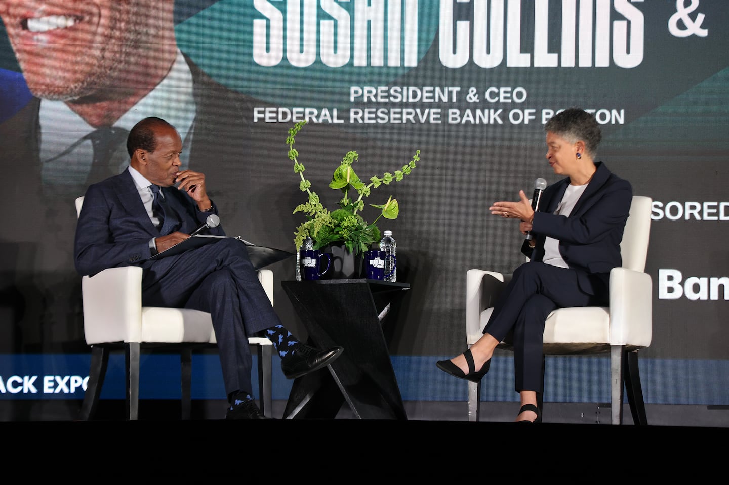 A conversation with  Federal Reserve Bank of Boston President Susan Collins, right, and Lee Pelton, left, was held at the 6th annual Mass Black Expo at the Boston Convention and exhibition Center.