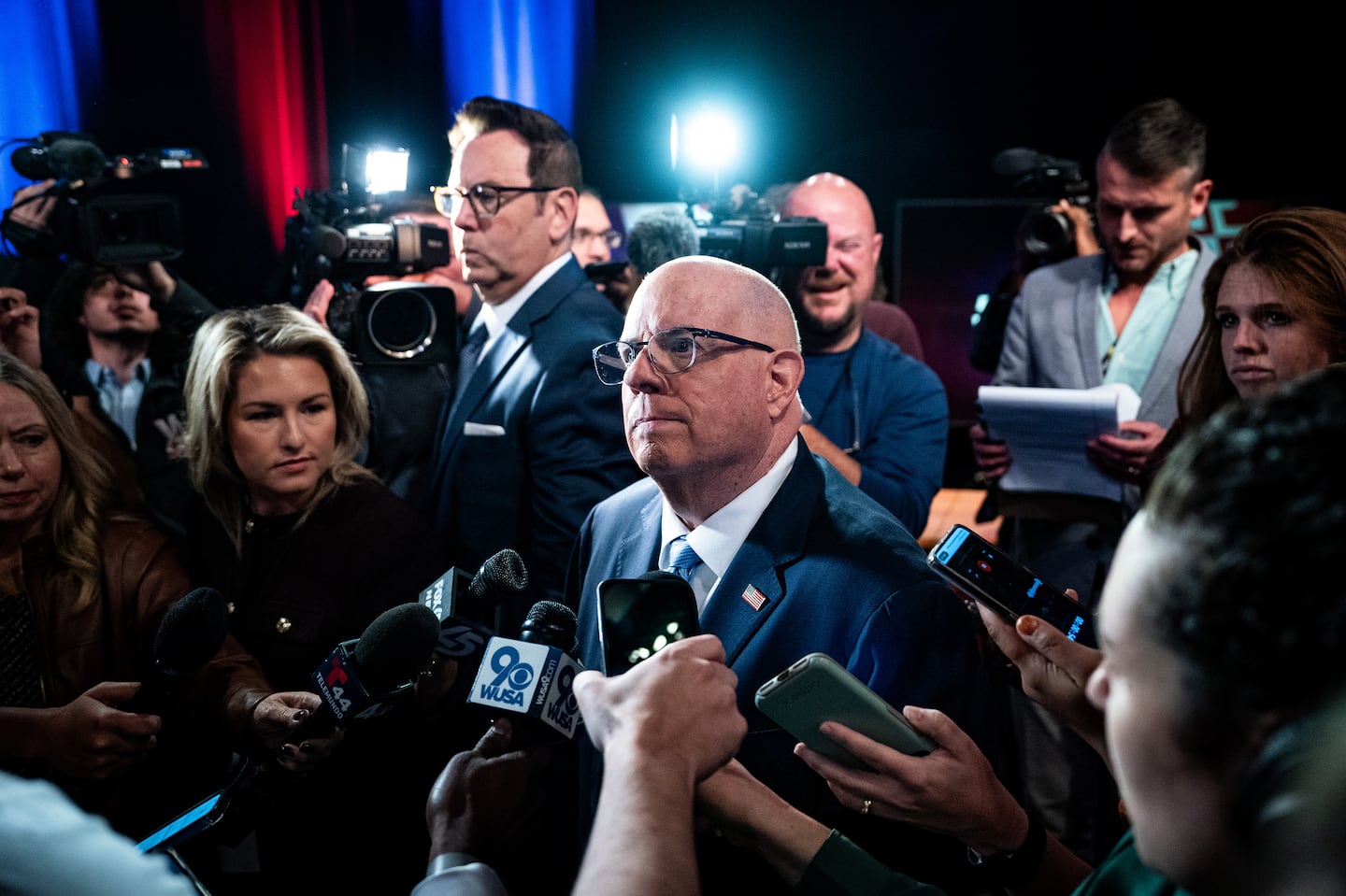 Former Maryland governor Larry Hogan spoke to the press after the Maryland Senate debate in Owings Mills, Md., on Oct. 10.