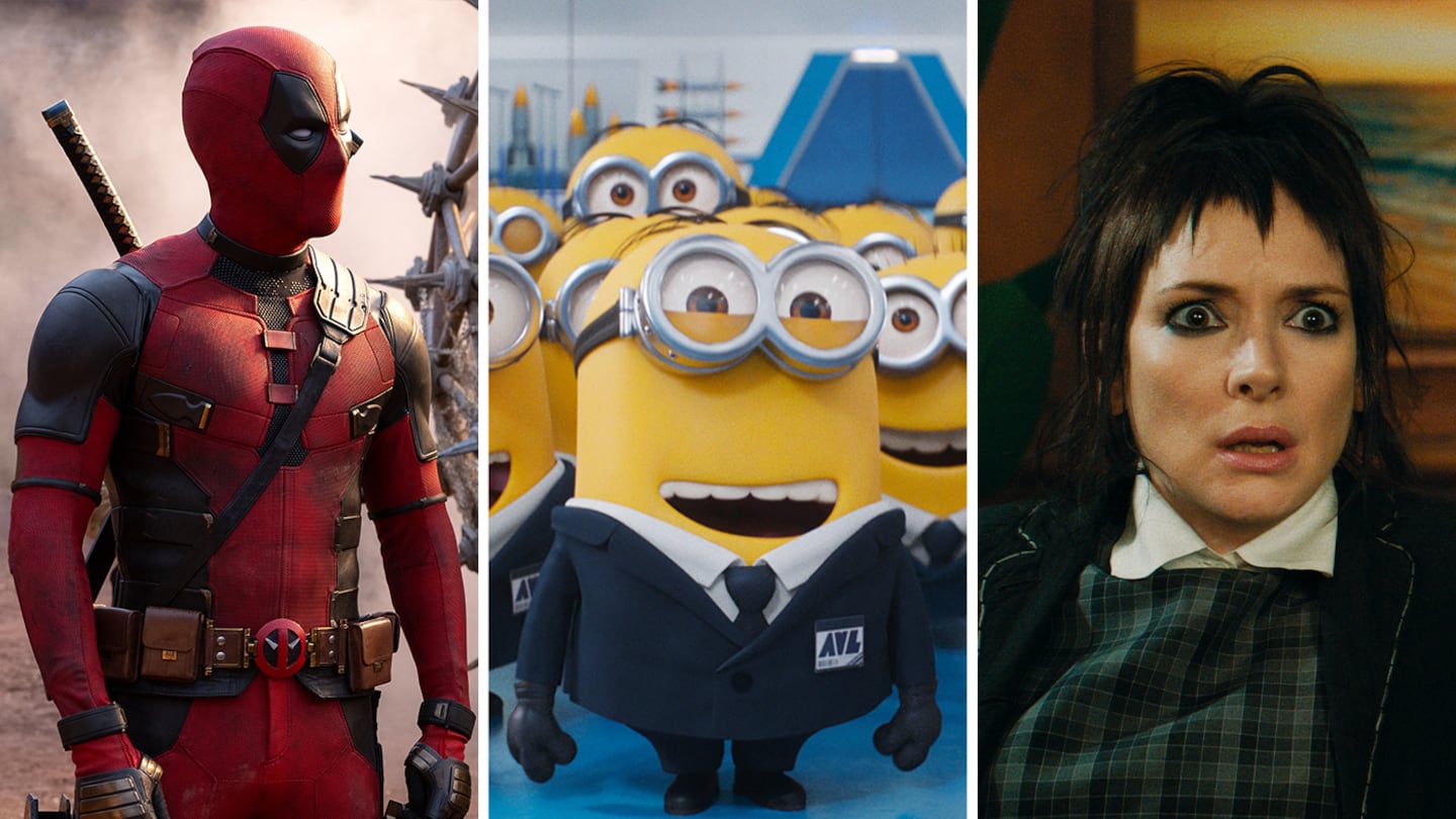 Images from “Deadpool & Wolverine” featuring Deadpool, “Despicable Me 4” featuring a Minion, and “Beetlejuice Beetlejuice” character Lydia Deetz, played by Winona Ryder.