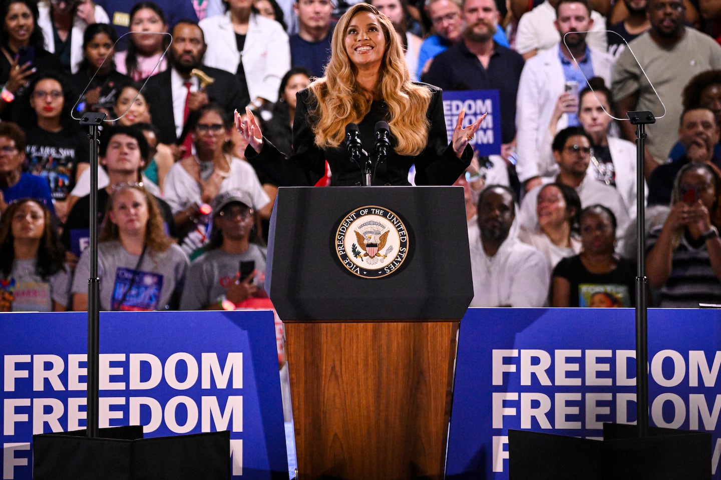 US singer-songwriter Beyonce speaks during a campaign rally for US Vice President and Democratic presidential candidate Kamala Harris at Shell Energy Stadium in Houston, Texas, on October 25, 2024.