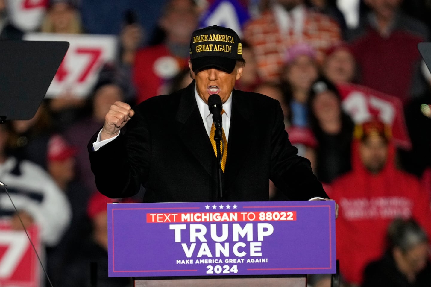 Republican presidential nominee former President Donald Trump speaks at a campaign event Friday, Oct. 25, 2024, in Traverse City, Mich.