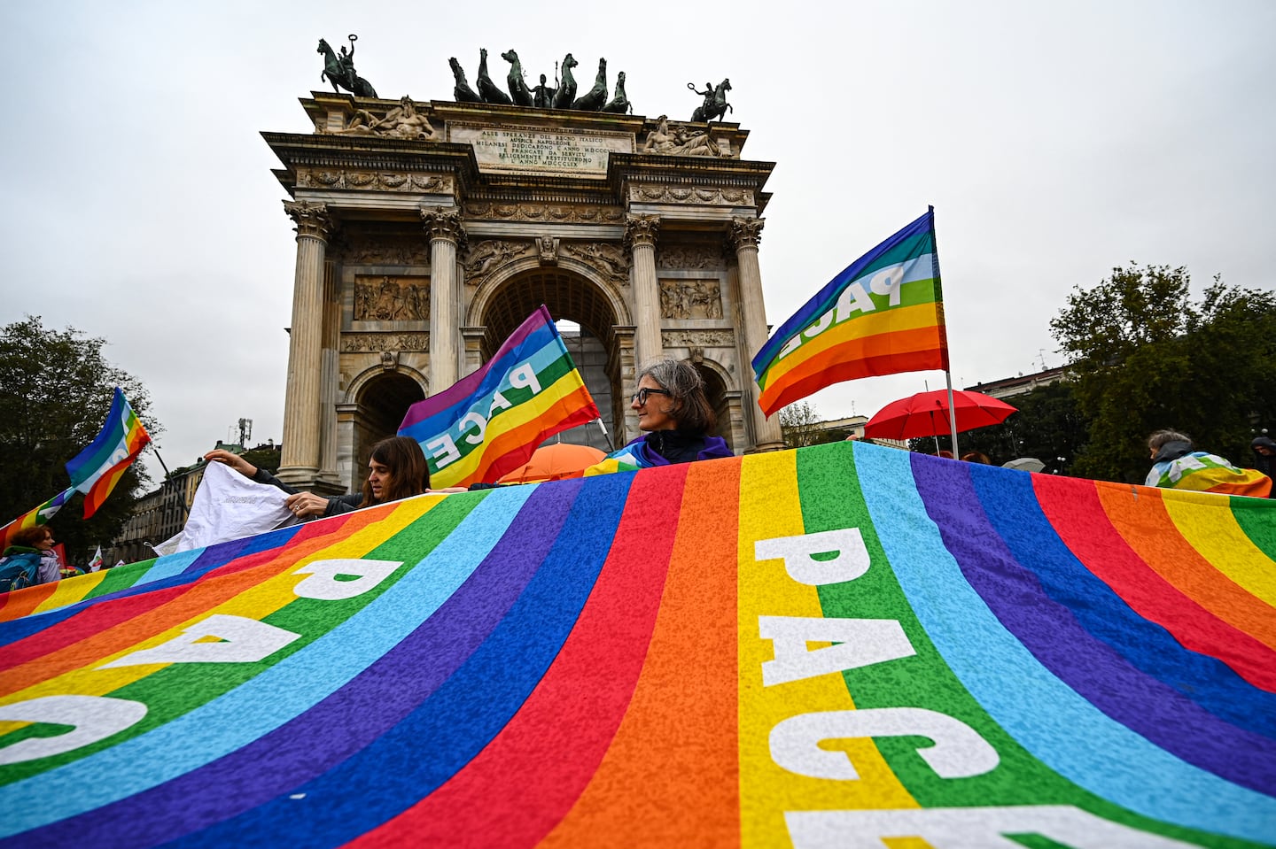 People attended a demonstration for peace in the Middle East and Ukraine on Saturday in Milan.