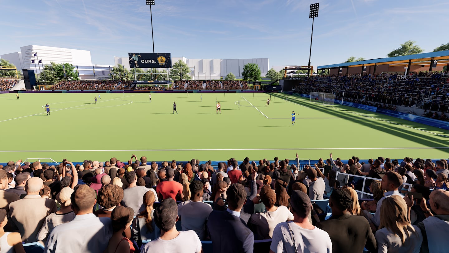 A rendering of a future Rhode Island FC game at the future stadium at Tidewater Landing in Pawtucket.