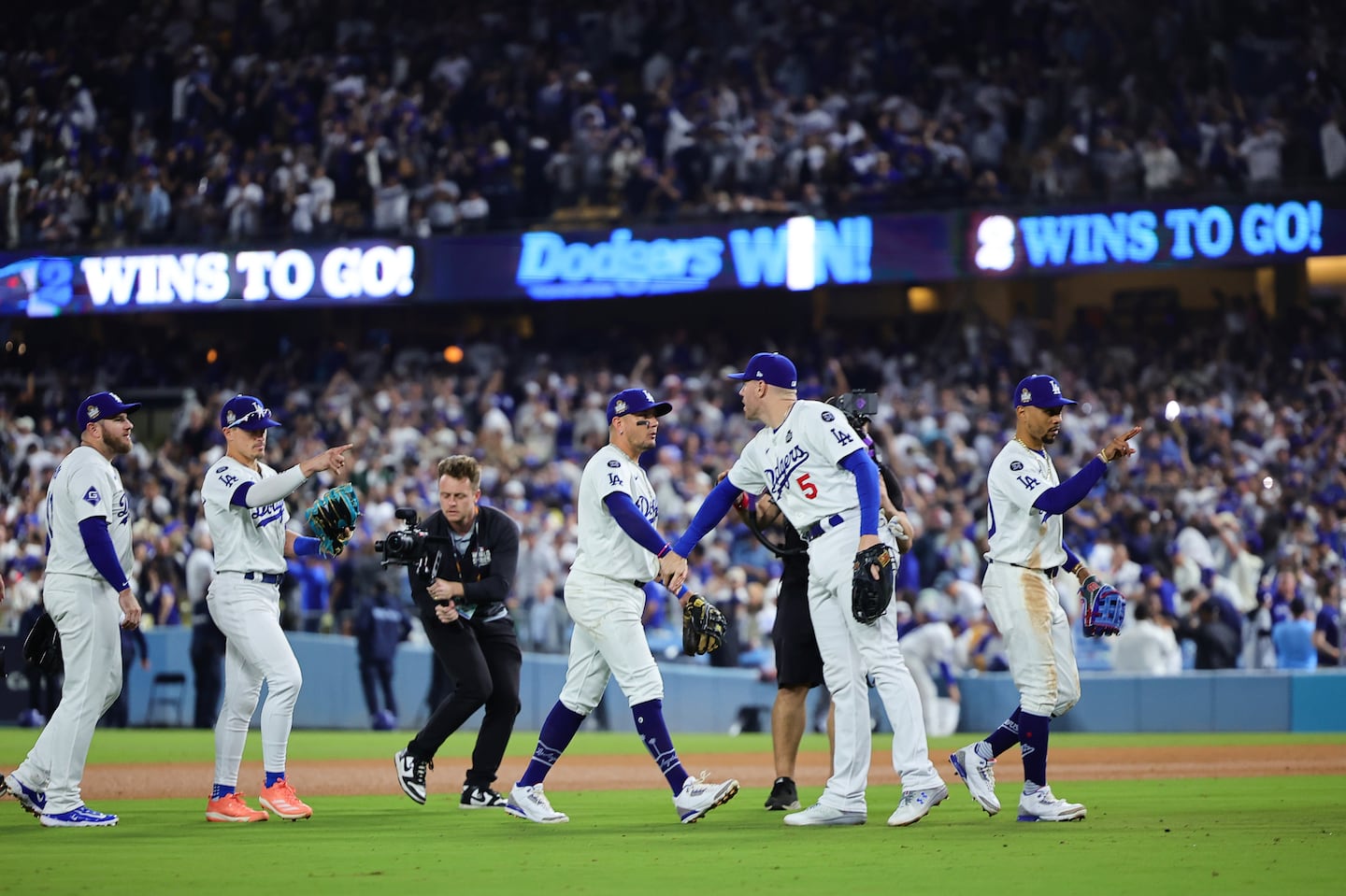 It was far from a perfect Game 2 for Freddie Freeman (5) and the Dodgers, but they're halfway to their first full-season World Series championship since 1988 after winning on back-to-back nights at home.