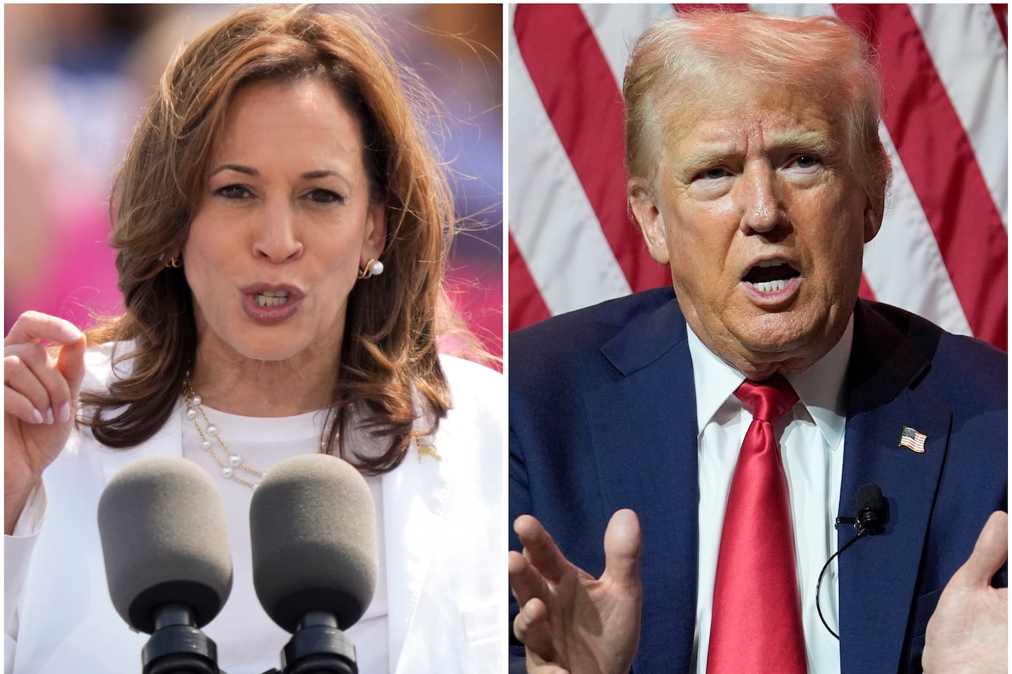 Vice President Kamala Harris, left, on Aug. 7, and Republican presidential candidate former president Donald Trump on July 31.