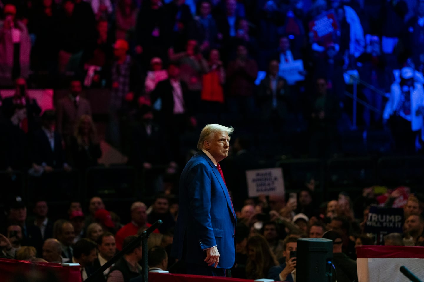 Former president Donald Trump, the Republican presidential nominee, on stage during a campaign rally at Madison Square Garden in New York on Sunday.