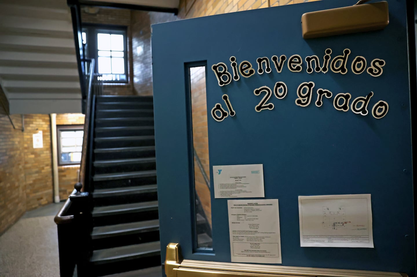 A sign on a classroom door at the Rafael Hernández K-8 School, a dual-language school in Boston.