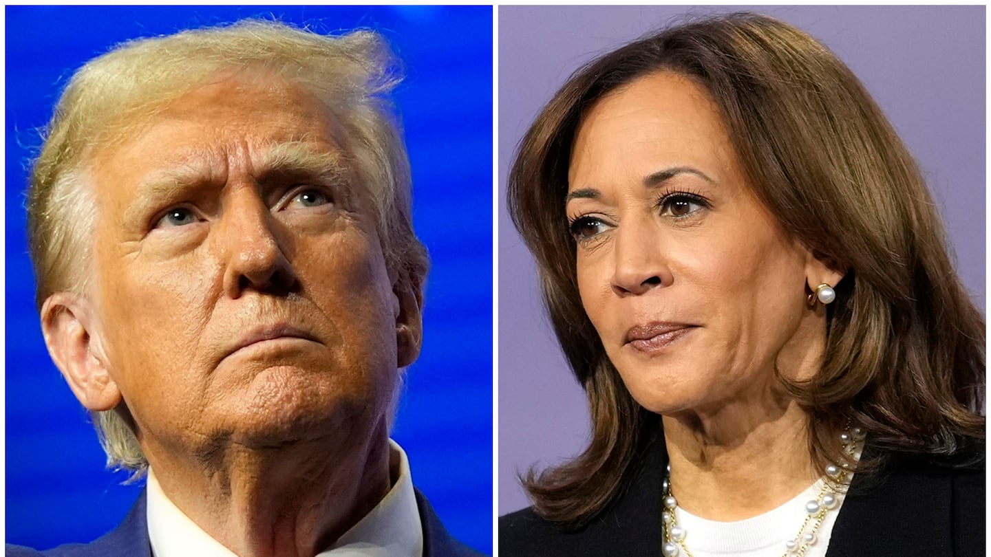 Republican presidential nominee former President Donald Trump and Democratic presidential nominee Vice President Kamala Harris at separate campaign events Wednesday in Duluth, Ga., and Aston, Pa., respectively. (AP Photo/Alex Brandon, left, Matt Rourke, File)