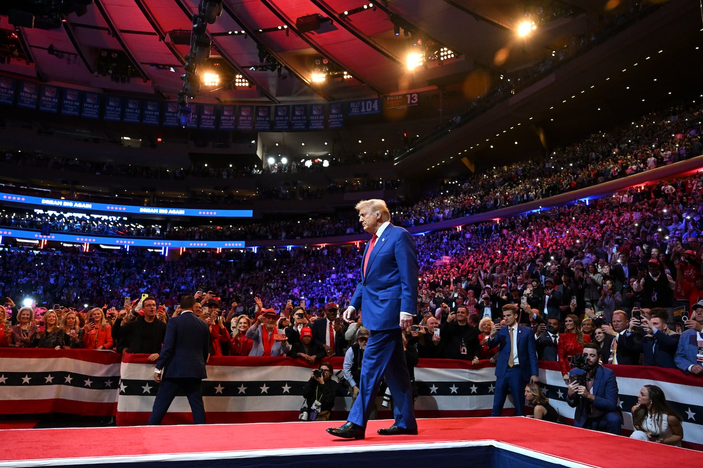 Former president Donald Trump, the Republican presidential nominee, took the stage during a campaign rally at Madison Square Garden in New York.