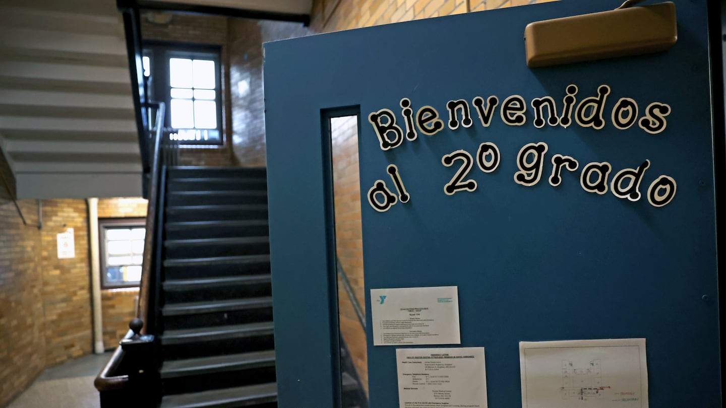 A sign on a classroom door at the Rafael Hernández K-8 School, a dual-language school in Boston.