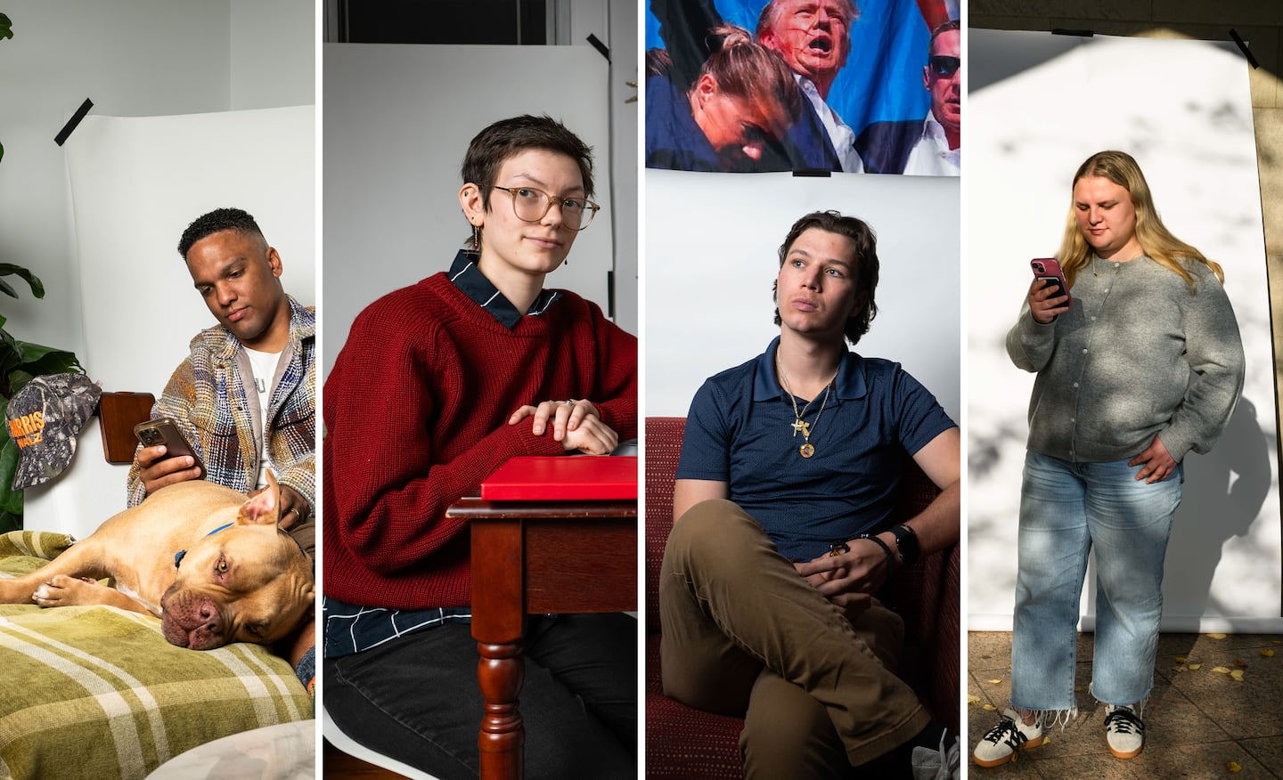 From left to right: Ethan Bridges, Ruth Bristol, James Markis, and Bella Gonzalez. Ahead of the Nov. 5 election, the Globe interviewed two dozen young voters about how they stay informed.