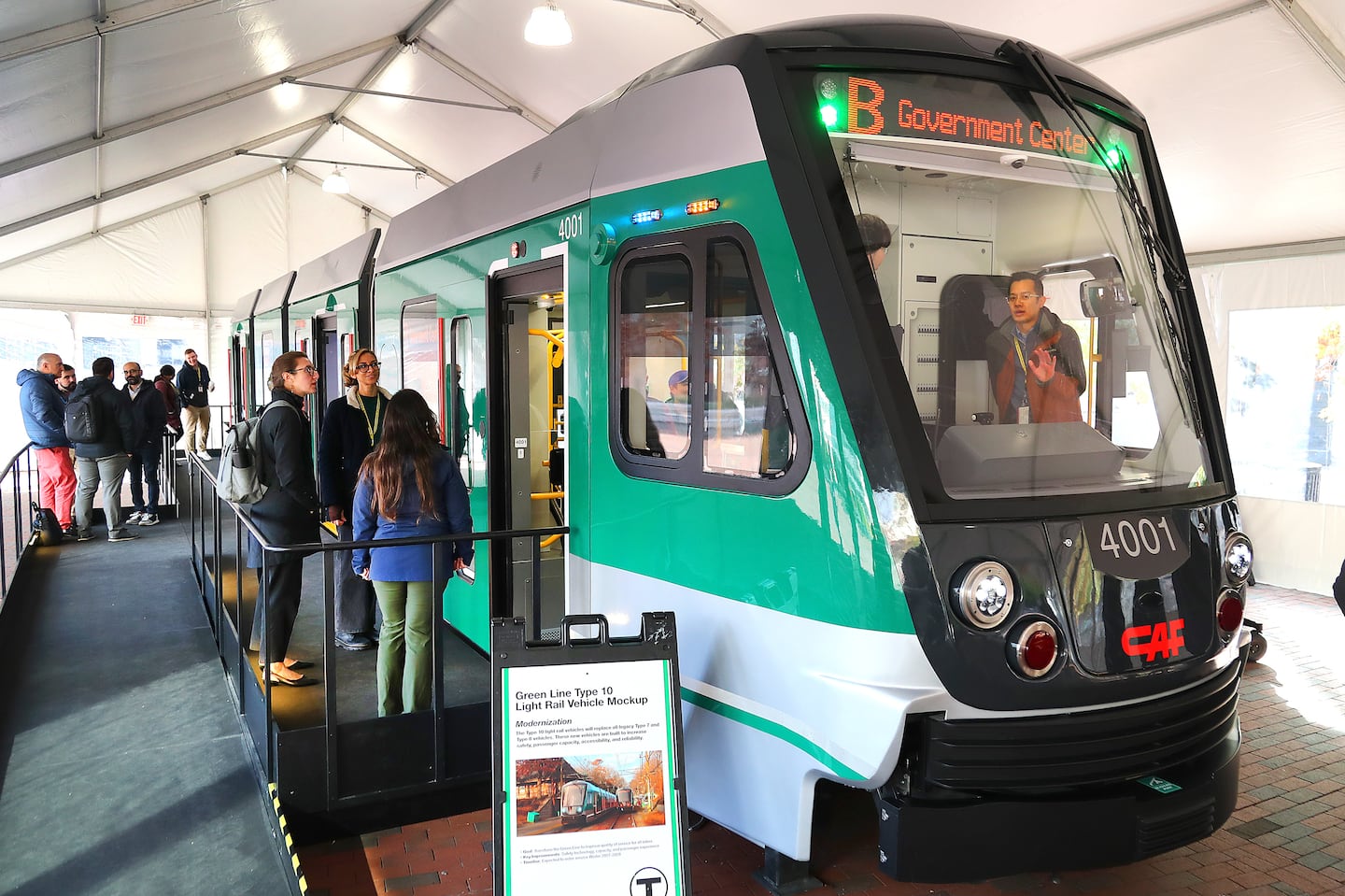 A full-scale mockup of a Green Line Type 10 trolley was on display under a tent on Boston City Hall Plaza.