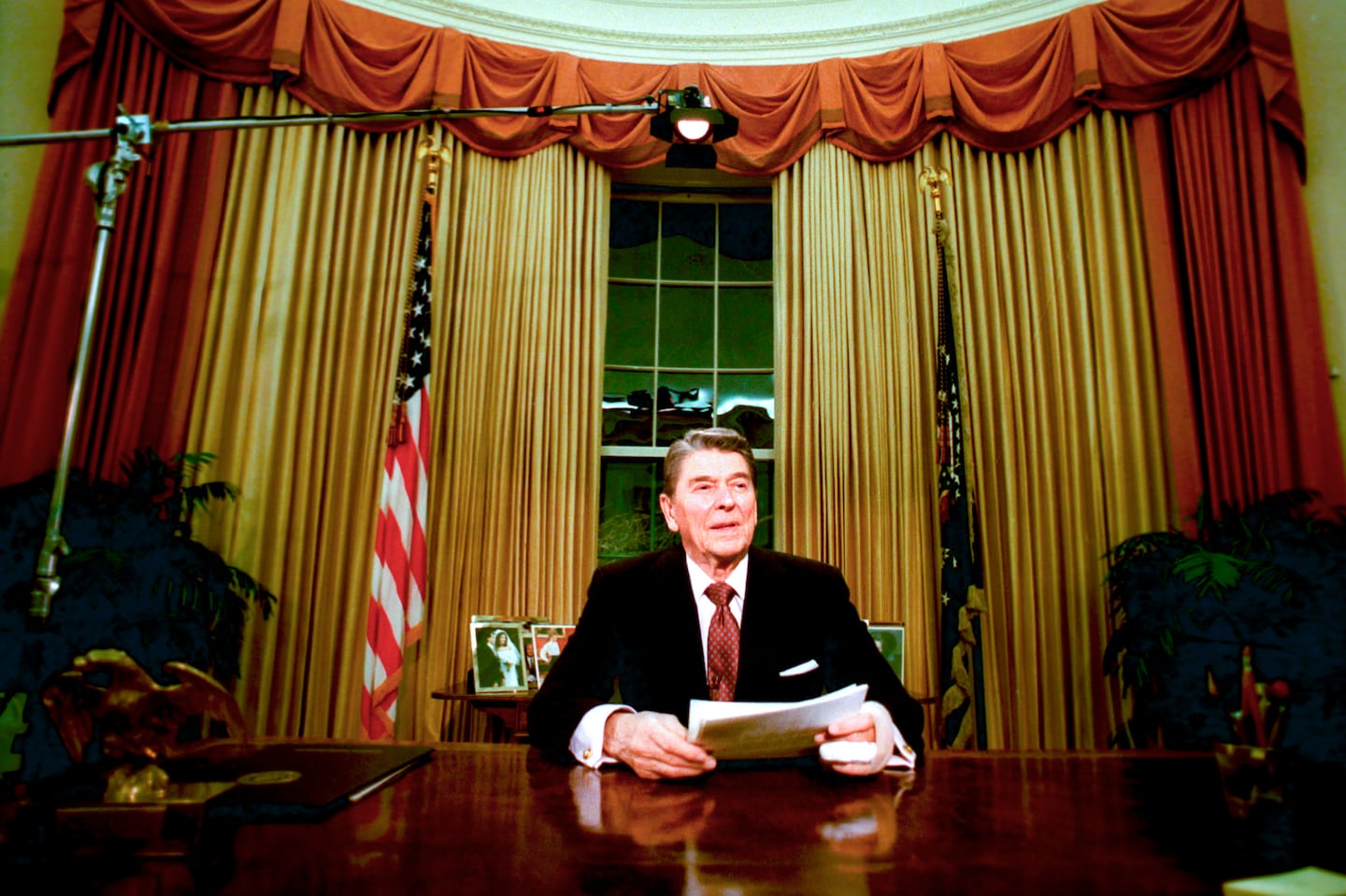 Ronald Reagan sat in the Oval Office after he delivered his farewell address to the nation Jan. 11, 1989.