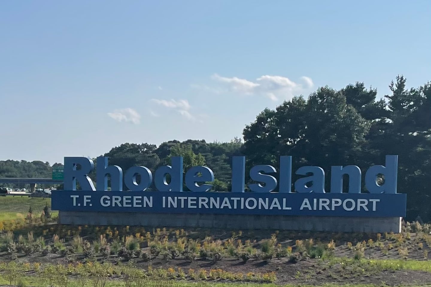 One of the "Rhode Island: T.F Green International Airport" signs on Interstate 95 in Warwick, R.I.