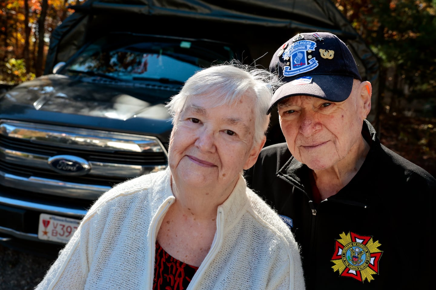 David Hosford with his wife, Diana, and his beloved 2016 Ford F-150 Lariat truck at their home in Plymouth on Friday.