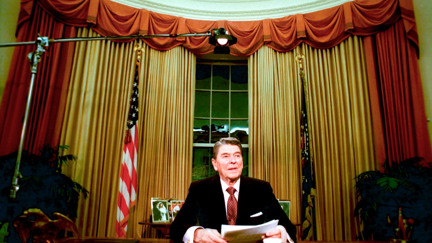 Ronald Reagan sat in the Oval Office after he delivered his farewell address to the nation Jan. 11, 1989.