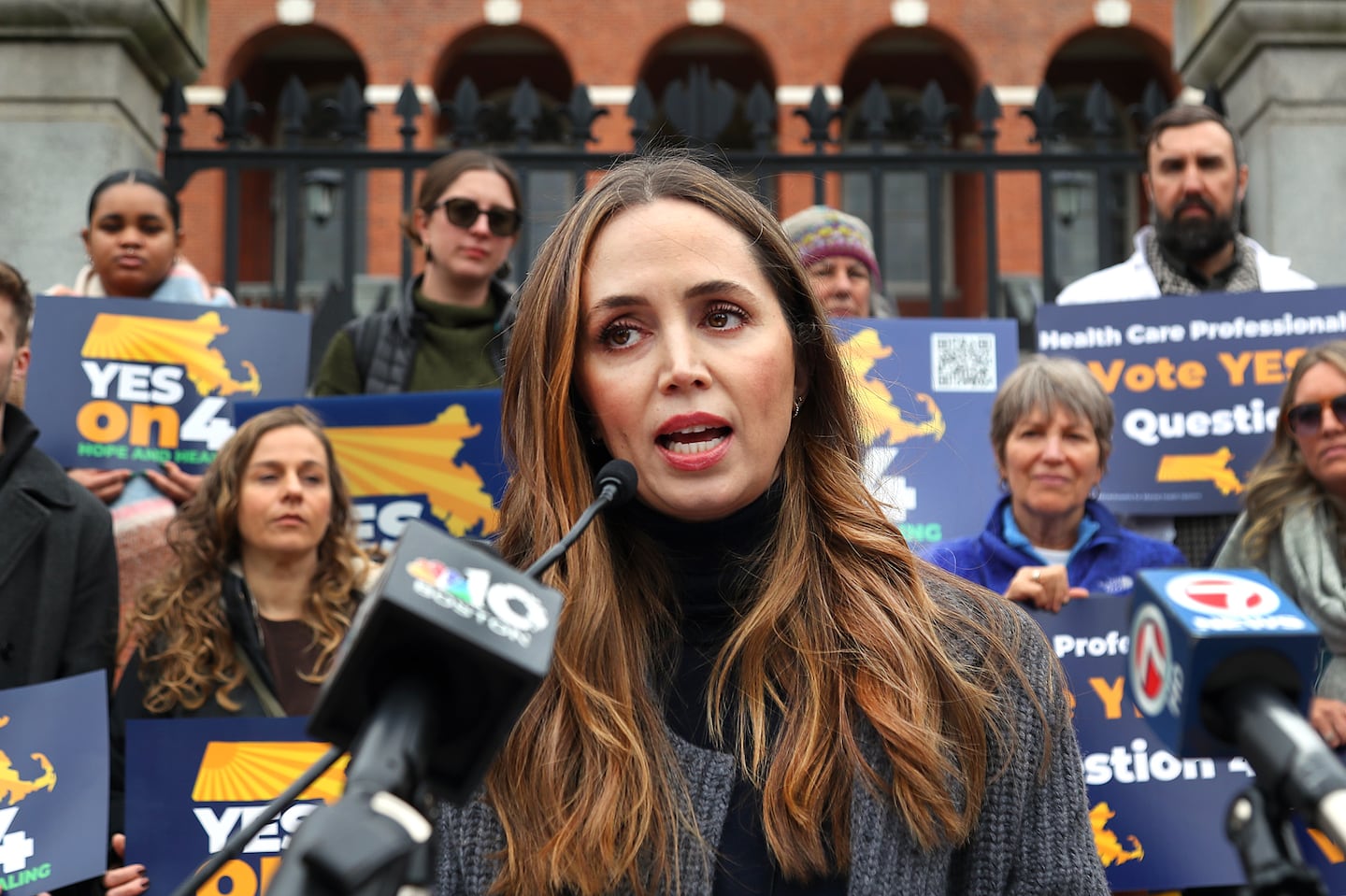 Eliza Dushku Palandjian spoke at a press conference with supporters of the "Yes on 4" campaign in front of the State House on Tuesday.