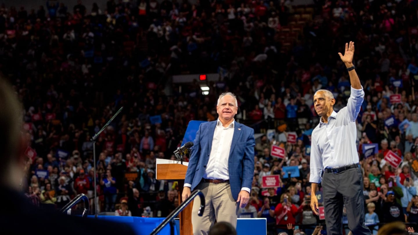 Minnesota Governor Tim Walz and former President Barack Obama appeared at a campaign rally in Madison, Wis.