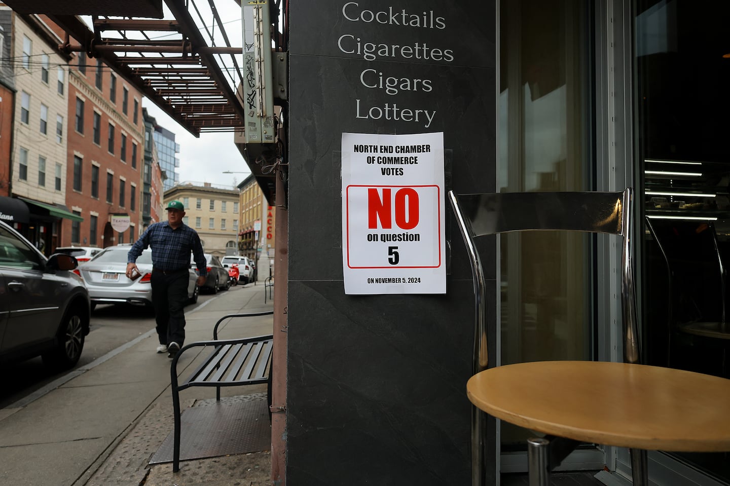 A sign advocating a “No” vote on Question 5 found on Hanover Street in Boston's North End on Oct. 29.