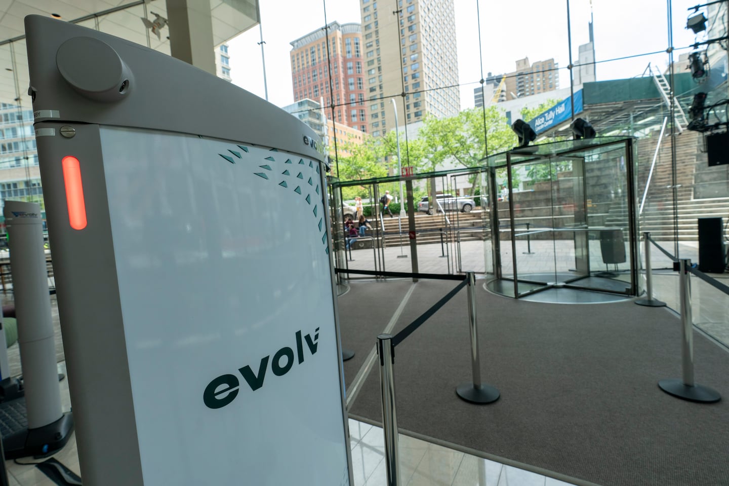 The Evolv Express weapons detection system lit up red during a 2022 demonstration in New York.