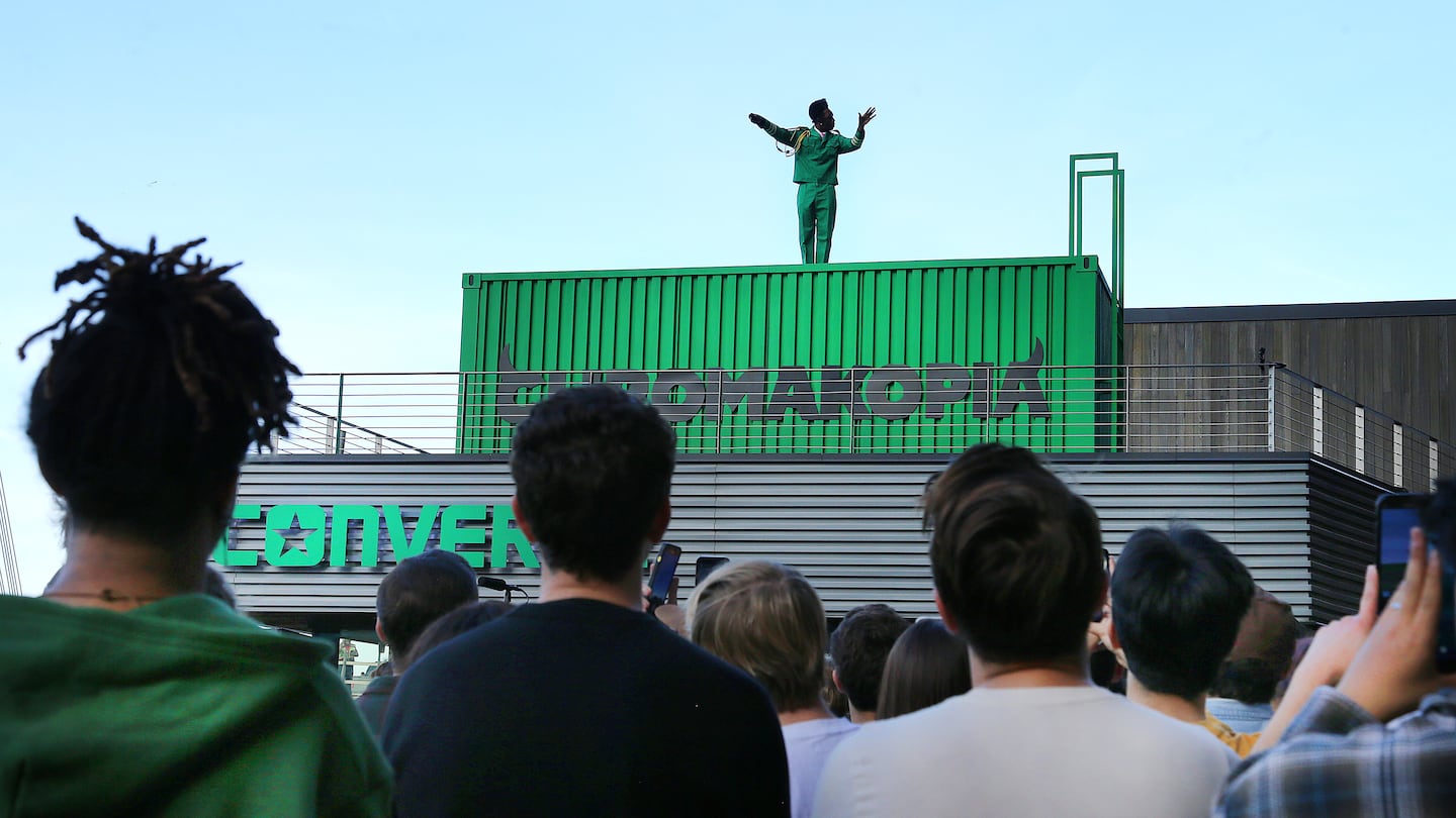 Tyler The Creator performed atop a storage container a Lovejoy Wharf to the delight of his loyal fans who crowded the wharf in front of him.