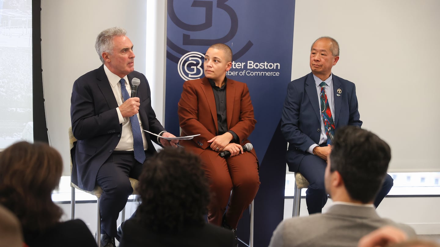 The Greater Boston Chamber of Commerce hosted on Wednesday a "Transportation First" event. Jim Rooney, president & CEO of the Chamber, left, with Monica G. Tibbits-Nutt, secretary and CEO of the Massachusetts Department of Transportation, and Phillip Eng, general manager of the MBTA.