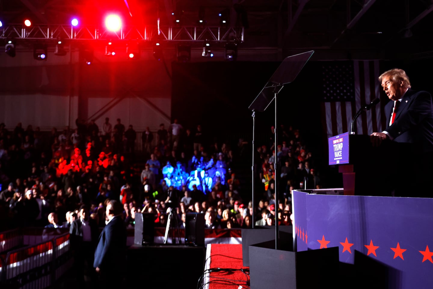 Republican presidential nominee former president Donald Trump holds a campaign rally at Macomb Community College on Nov. 1, 2024 in Warren, Michigan.