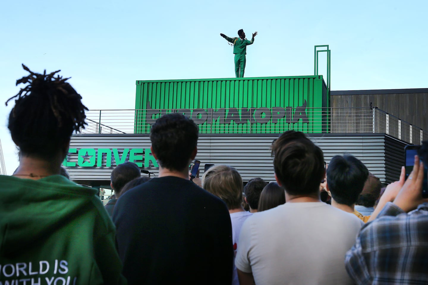 Tyler The Creator performed atop a storage container a Lovejoy Wharf to the delight of his loyal fans who crowded the wharf in front of him.