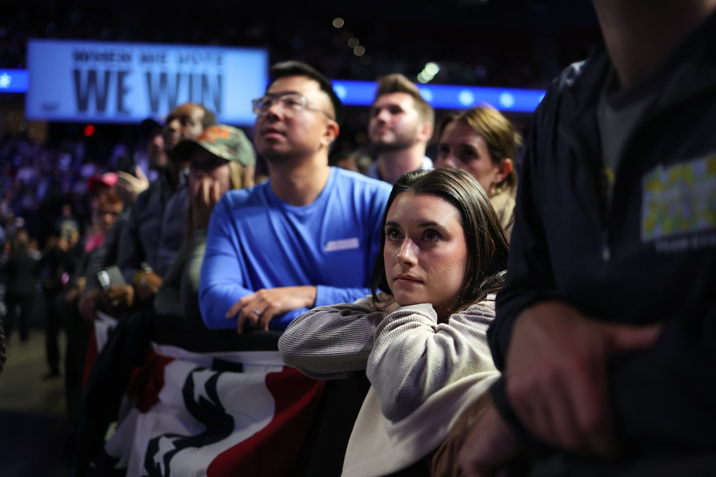 Members of the audience listened during a campaign rally in support of Vice President Kamala Harris at Temple University in Philadelphia on Oct. 28.