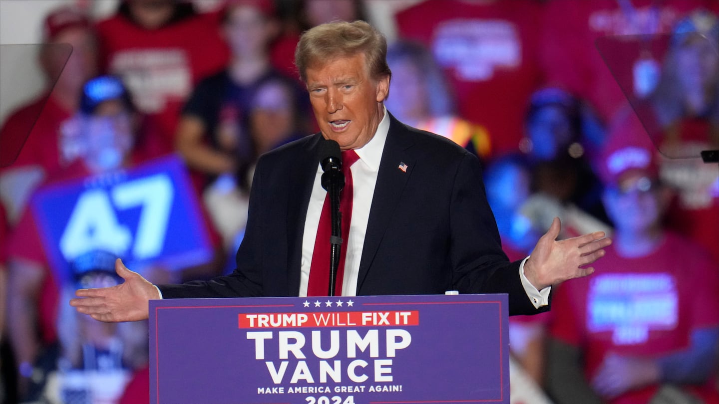 Republican presidential nominee former president Donald Trump speaks at a campaign rally at Macomb Community College Friday, Nov. 1, 2024, in Warren, Mich.