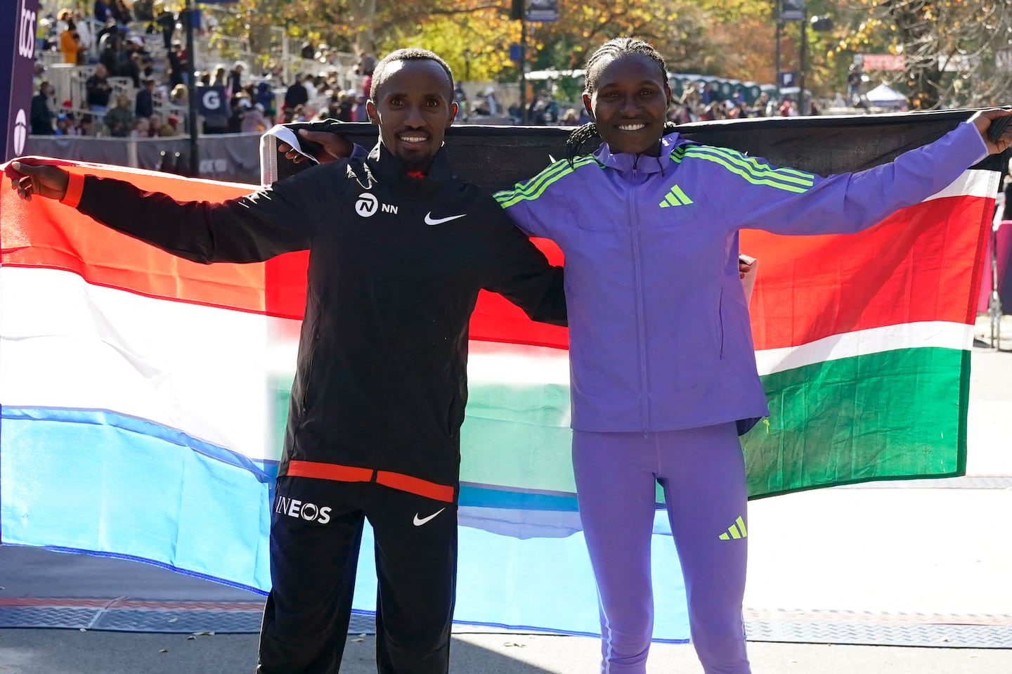 Abdi Nageeye (left) of the Netherlands won the men's race and Sheila Chepkirui won the women's race at the 2024 New York Marathon.